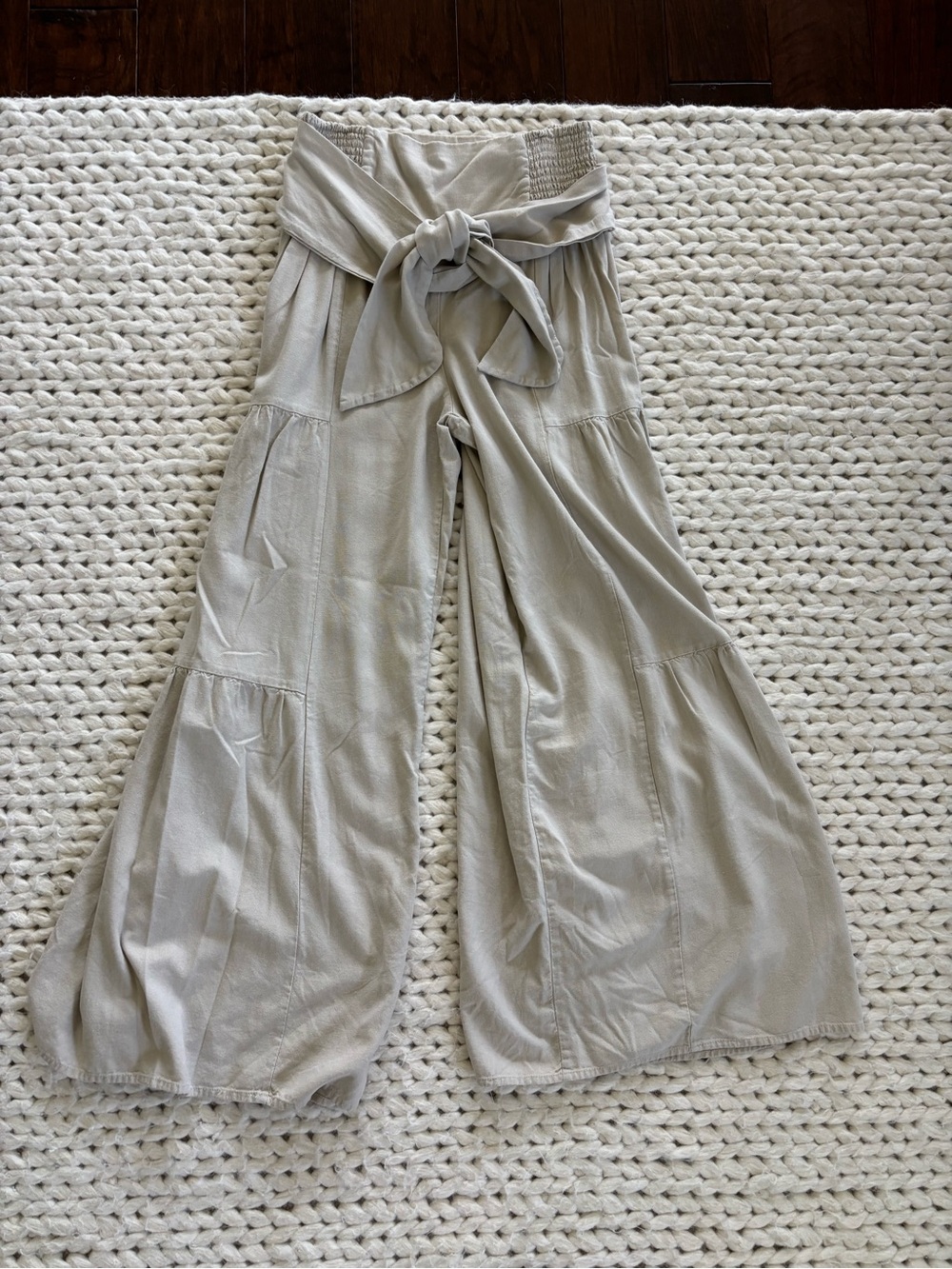 Boho Chic Tie-Waist Wide Leg Pants - Light Beige